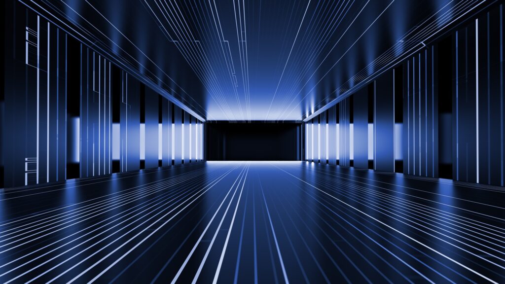 3D Rendering Dark Blue with light Glow Digital Tunnel.